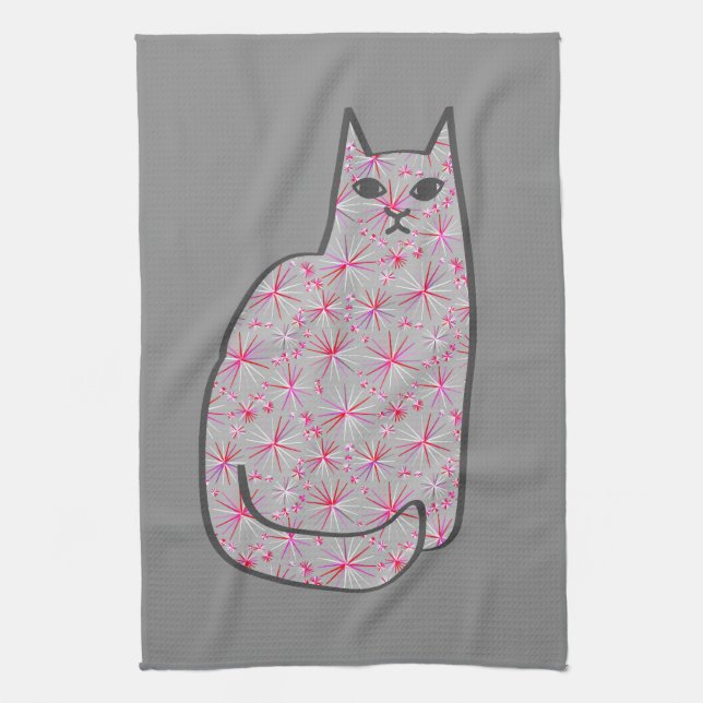 Mid-Century Modern Cat, Grey / Grey and Pink Tea Towel (Vertical)