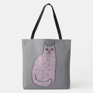 Mid-Century Modern Cat, Grey / Grey and Pink Tote Bag