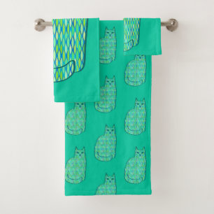 Mid-Century Modern Cat, Mint and Lime Green Bath Towel Set