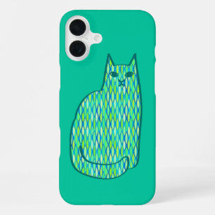 Mid-Century Modern Cat, Mint and Lime Green iPhone 16 Plus Case