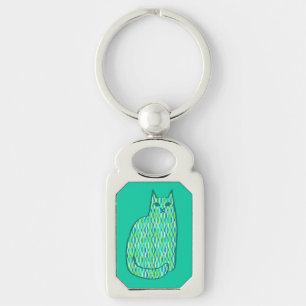 Mid-Century Modern Cat, Mint and Lime Green Key Ring