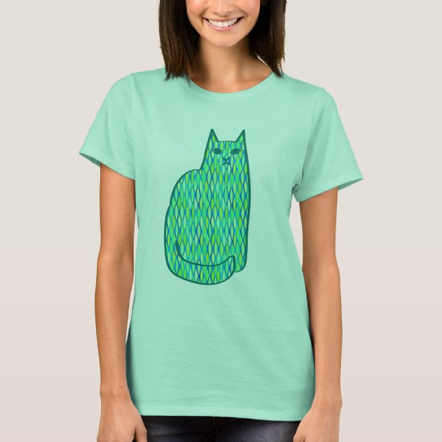 Mid-Century Modern Cat, Mint and Lime Green T-Shirt (Front)