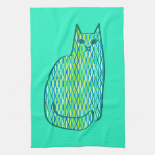 Mid-Century Modern Cat, Mint and Lime Green Tea Towel