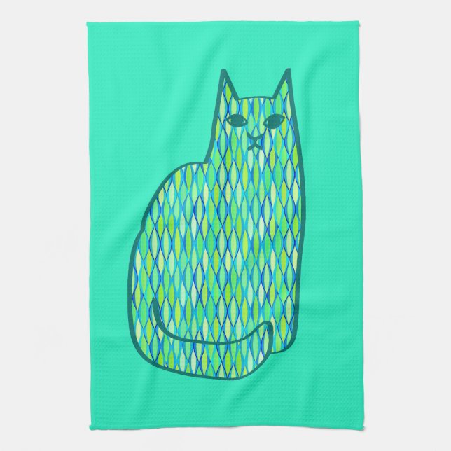 Mid-Century Modern Cat, Mint and Lime Green Tea Towel (Vertical)
