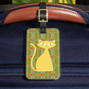 Mid Century Modern Cat on Geometric Pattern Luggage Tag