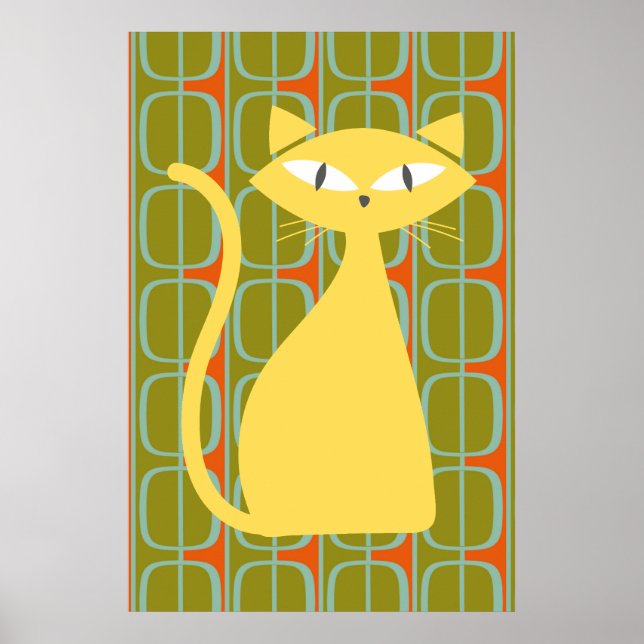 Mid Century Modern Cat on Geometric Pattern Poster (Front)