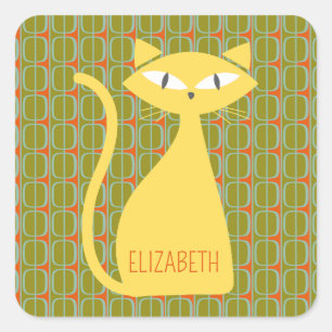 Mid Century Modern Cat on Geometric Pattern Square Sticker