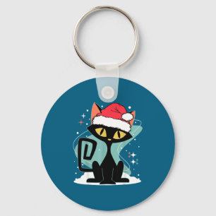 Mid Century Modern Cat Santa Hat Christmas 70s Ret Key Ring
