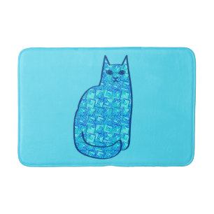 Mid-Century Modern Cat, Turquoise and Navy  Bath Mat