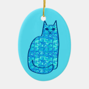 Mid-Century Modern Cat, Turquoise and Navy  Ceramic Tree Decoration