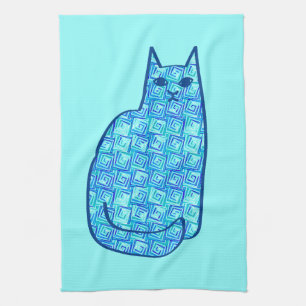 Mid-Century Modern Cat, Turquoise and Navy Tea Towel