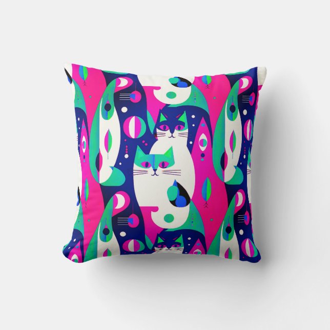  Mid-Century Modern Cats on a Dark Blue Background Cushion (Front)