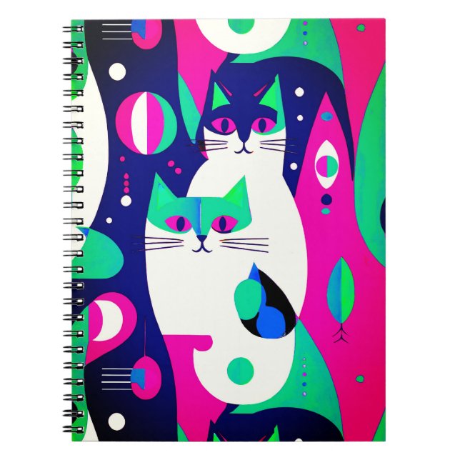  Mid-Century Modern Cats on a Dark Blue Background Notebook (Front)