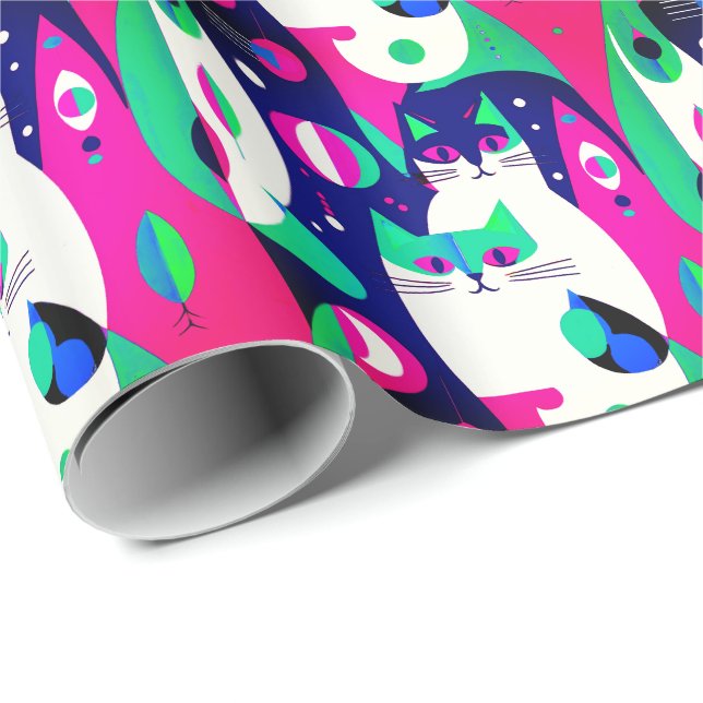  Mid-Century Modern Cats on a Dark Blue Background Wrapping Paper (Roll Corner)