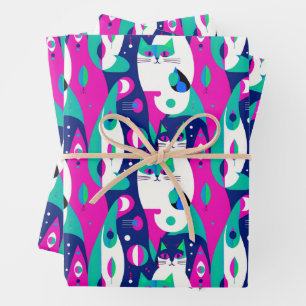 Mid-Century Modern Cats on a Dark Blue Background Wrapping Paper Sheet