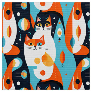 Mid-Century Modern Cats on an Abstract Background Fabric
