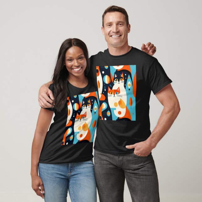  Mid-Century Modern Cats on an Abstract Background T-Shirt (Unisex)