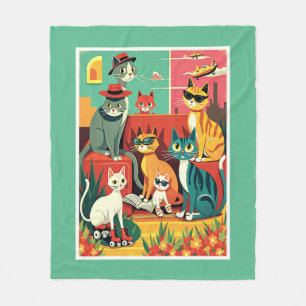 Mid Century Modern Cats on Vacation Fleece Blanket