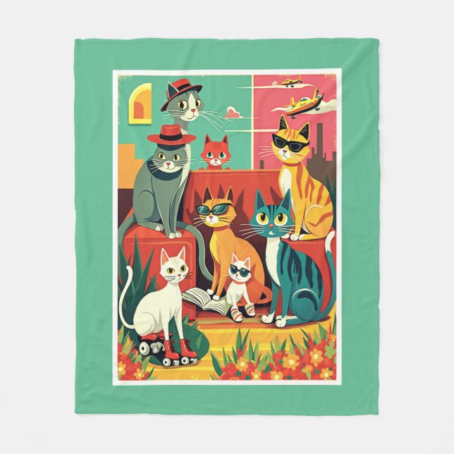 Mid Century Modern Cats on Vacation Fleece Blanket (Front)
