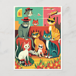 Mid Century Modern Cats on Vacation Postcard