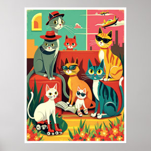 Mid Century Modern Cats on Vacation Poster