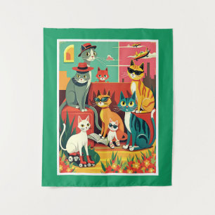 Mid Century Modern Cats on Vacation Tapestry