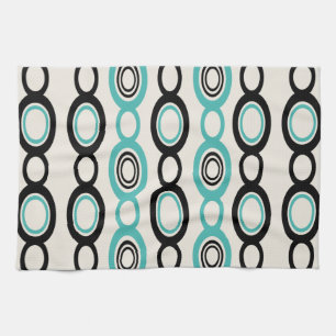 Mid Century Modern Chain Links Black Turquoise Tea Towel