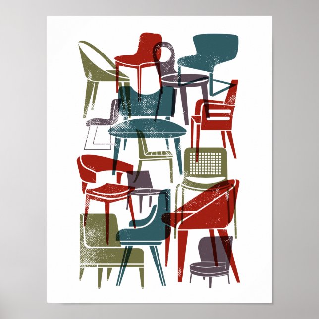 Mid-Century Modern Chairs in Muted Retro Colours Poster (Front)