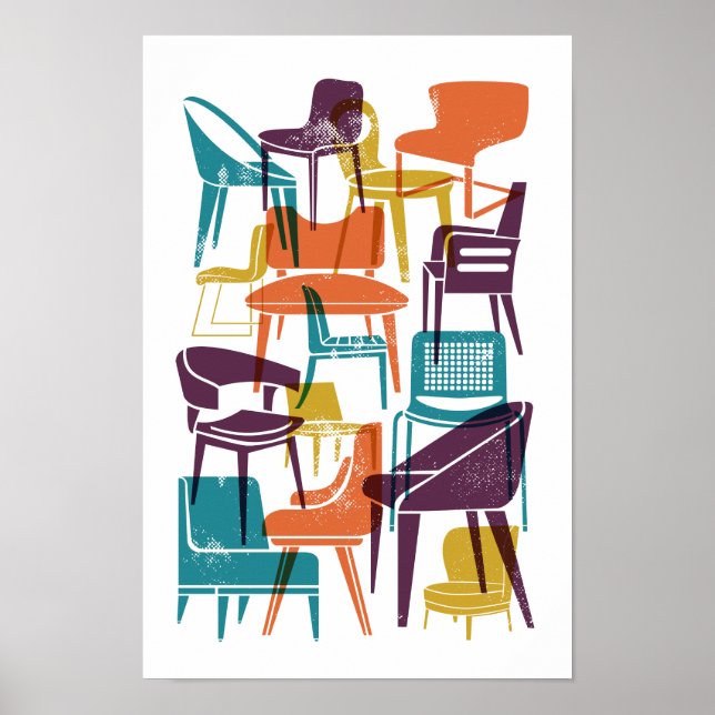Mid-Century Modern Chairs in Retro Bright Colours Poster (Front)