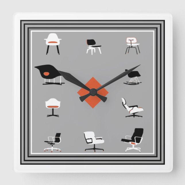 Mid Century Modern Chairs Retro Colours Square Wall Clock (Front)