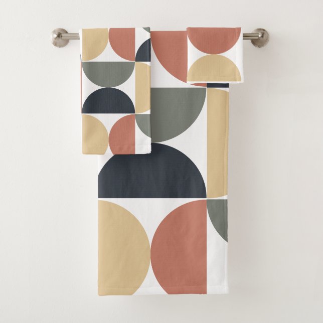 Mid Century Modern Charcoal Salmon  Bath Towel Set (Insitu)