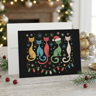 Mid Century Modern Christmas Cats with Lights Holiday Card