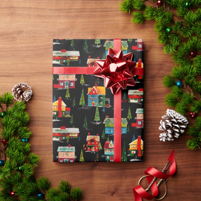 Mid Century Modern Christmas Houses Wrapping Paper (Holiday Gift)