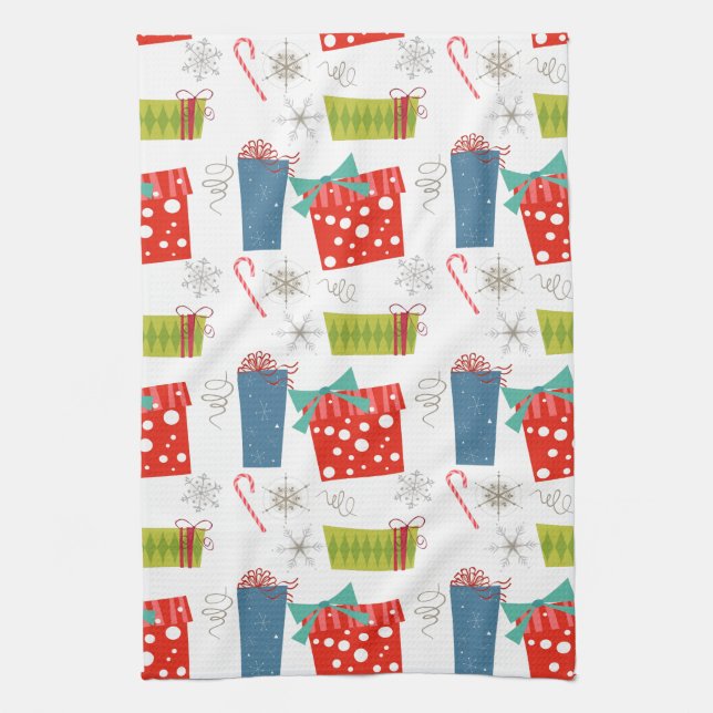 Mid Century Modern Christmas Present & Candy Cane  Tea Towel (Vertical)