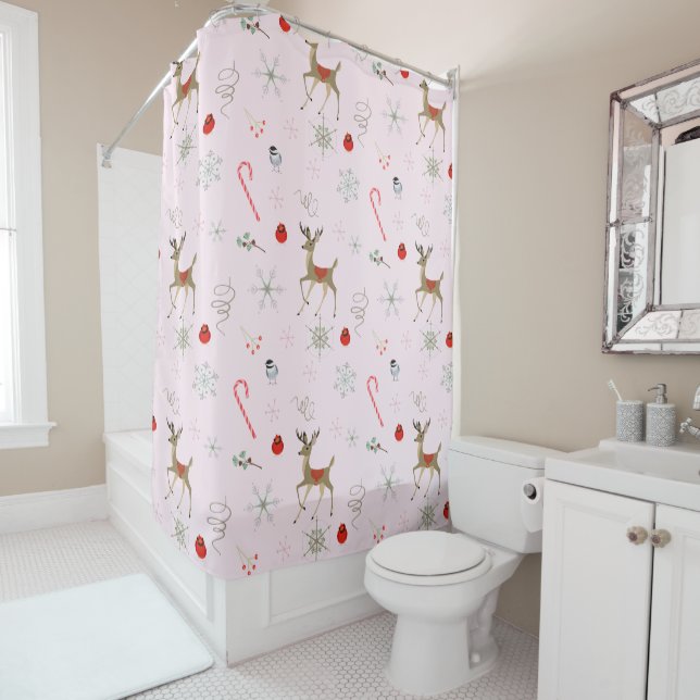  Mid Century Modern Christmas Reindeer Candy Canes Shower Curtain (In Situ)