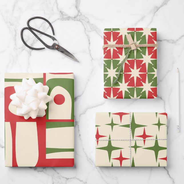 Mid-Century Modern Christmas Retro Patterns Wrapping Paper Sheet (Front)