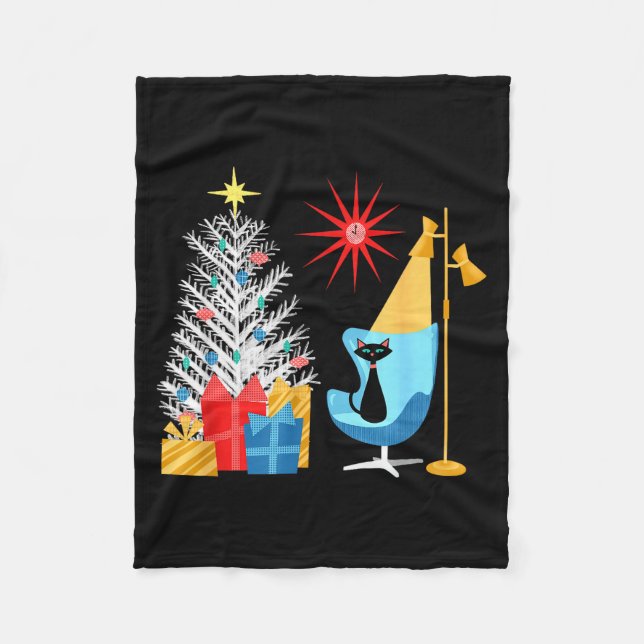 Mid-century Modern Christmas Tree And Cat In Retro Fleece Blanket (Front)