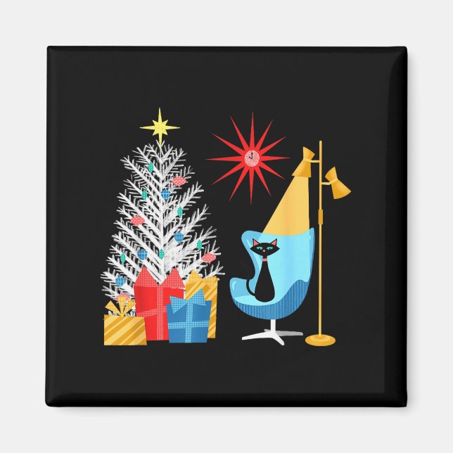 Mid-century Modern Christmas Tree And Cat In Retro Magnet (Front)