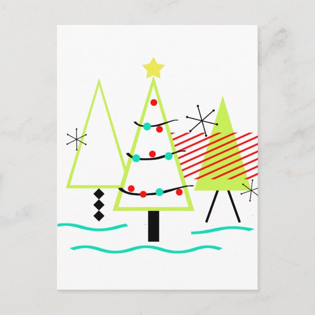 mid century modern christmas trees retro holiday postcard (Front)