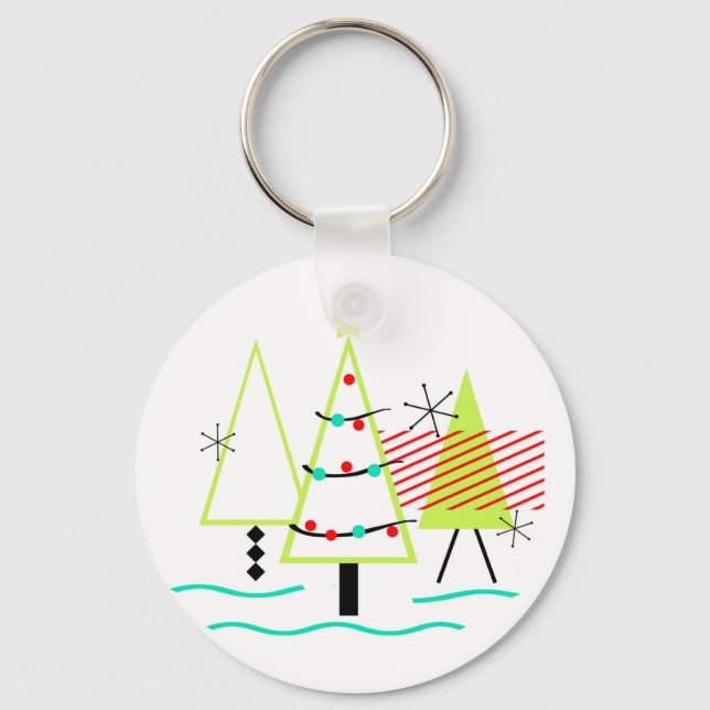 mid century modern christmas trees retro key ring (Front)
