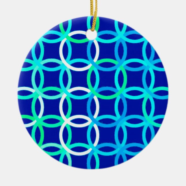 Mid-Century Modern circles, cobalt & peacock Ceramic Tree Decoration (Front)
