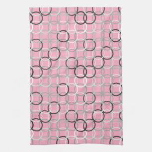 Mid-Century Modern circles, coral pink and grey Tea Towel
