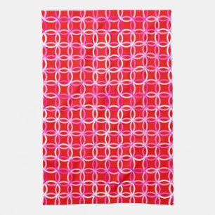 Mid-Century Modern circles, dark red and pink Tea Towel