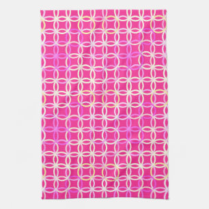 Mid-Century Modern circles, fuchsia pink and cream Tea Towel