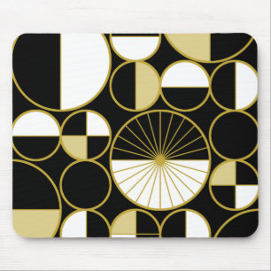 Mid Century Modern Circles Halves Black Gold Mouse Mat