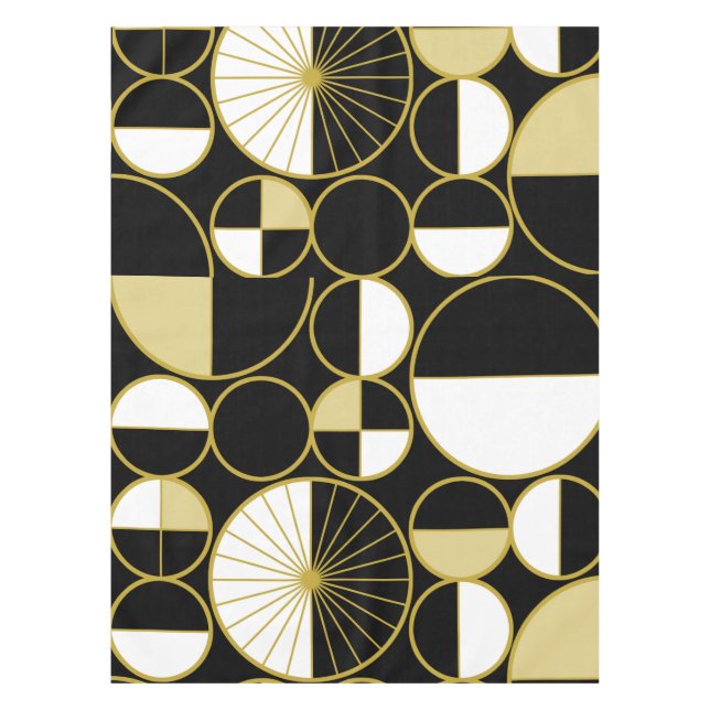 Mid Century Modern Circles Halves Black Gold Tablecloth (Front)