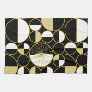 Mid Century Modern Circles Halves Black Gold Tea Towel