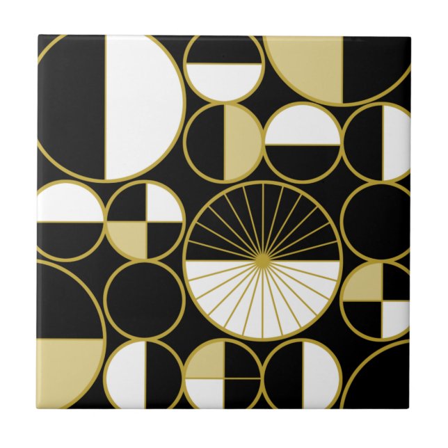 Mid Century Modern Circles Halves Black Gold Tile (Front)