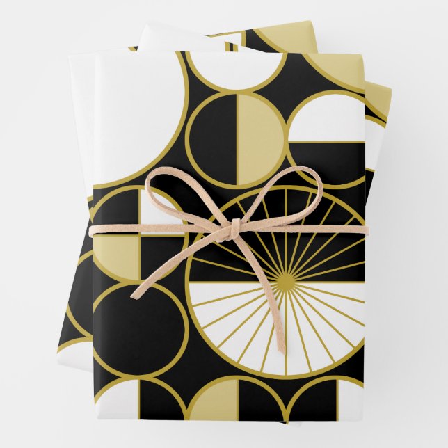 Mid Century Modern Circles Halves Black Gold Wrapping Paper Sheet (In situ)