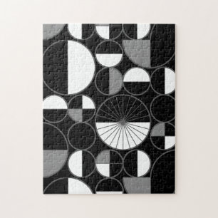 Mid Century Modern Circles Halves Black Grey Jigsaw Puzzle